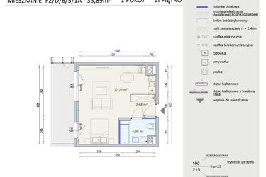 Rzut - Mieszkanie na sprzedaż 1 pokój o powierzchni 35,89 m² - numer D/6/5/1A w Modern Mokotów bud. F1 i F2