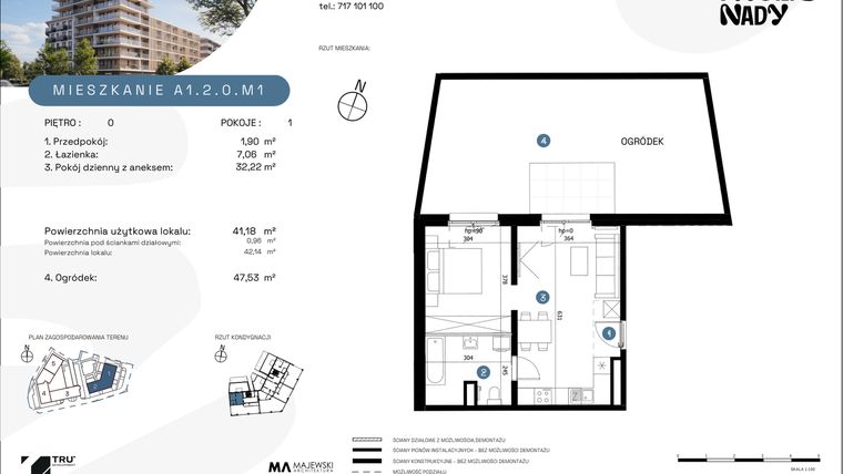 Rzut - Mieszkanie na sprzedaż 1 pokój o powierzchni 41,18 m² - numer A1.2.0.M1 w Nowe Promenady