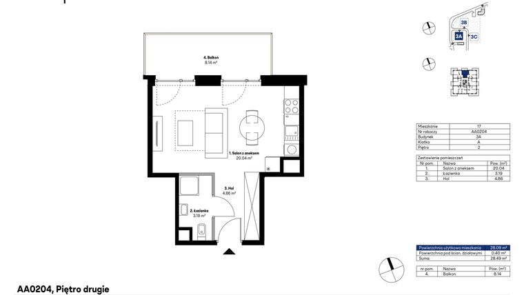 Rzut - Mieszkanie na sprzedaż 1 pokój o powierzchni 28,09 m² - numer AA0204 w NU3 Warszawa Wola