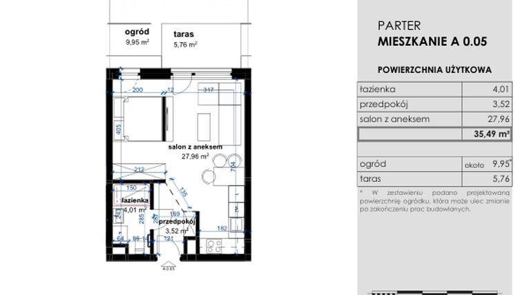 Rzut - Mieszkanie na sprzedaż 1 pokój o powierzchni 35,49 m² - numer A 0.05 w Osiedle Kwiatowe