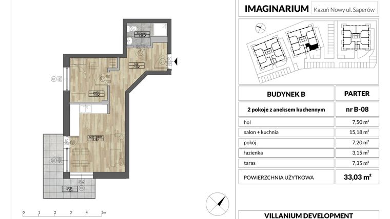 Rzut - Mieszkanie na sprzedaż 2 pokoje o powierzchni 33,03 m² - numer 8 w Imaginarium Kazuń Nowy - bud. B