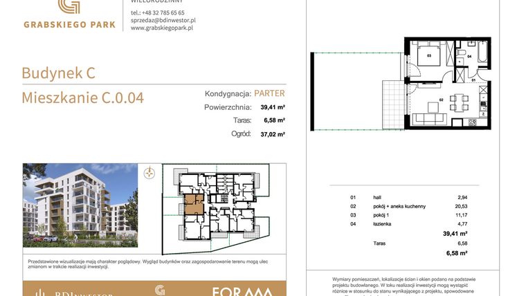 Rzut - Mieszkanie na sprzedaż 2 pokoje o powierzchni 39,41 m² - numer C.0.04 w Grabskiego Park