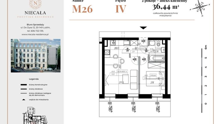 Rzut - Mieszkanie na sprzedaż 2 pokoje o powierzchni 36,44 m² - numer 26 w Niecała Prestige Residence