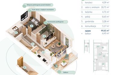 Rzut - Mieszkanie na sprzedaż 2 pokoje o powierzchni 44,61 m² - numer B.4.2 w Enklawa