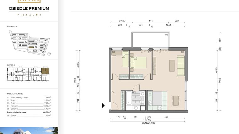 Rzut - Mieszkanie na sprzedaż 3 pokoje o powierzchni 64,88 m² - numer B1.13 w Osiedle Premium etap IV