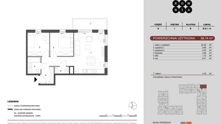 Rzut - Mieszkanie na sprzedaż 3 pokoje o powierzchni 56,74 m² - numer M.B.1.016 w CUKROWNIA