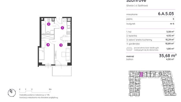 Rzut - Mieszkanie na sprzedaż 1 pokój o powierzchni 35,68 m² - numer 6.A.5.03 w Murapol Osiedle Szafirove