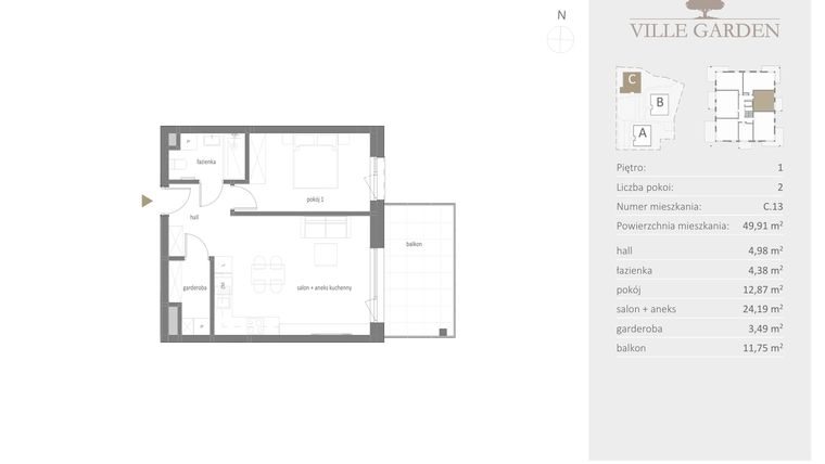 Rzut - Mieszkanie na sprzedaż 2 pokoje o powierzchni 49,91 m² - numer C.13 w Ville Garden