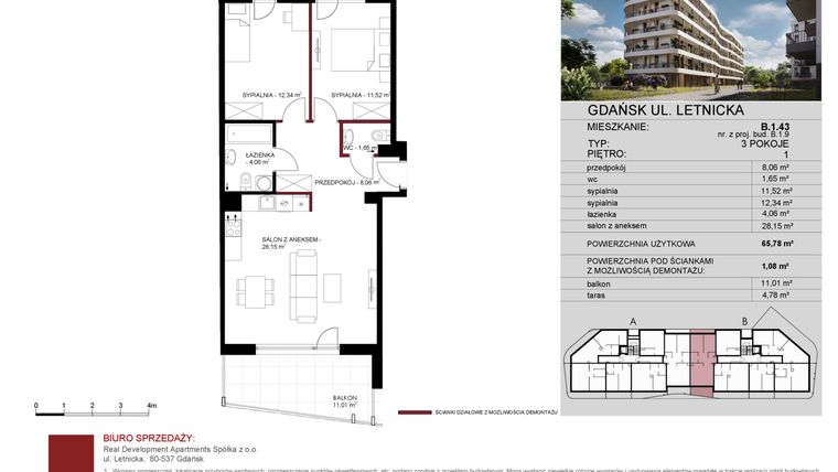 Rzut - Mieszkanie na sprzedaż 3 pokoje o powierzchni 65,78 m² - numer B.1.43 w Letnicka Residence