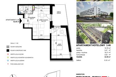Rzut - Mieszkanie na sprzedaż 2 pokoje o powierzchni 42,43 m² - numer 3.46 w Apartamentowiec Zwycięska 3 - inwestycyjne