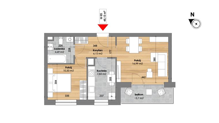 Rzut - Mieszkanie na sprzedaż 2 pokoje o powierzchni 46,13 m² - numer M65 w Przy Kochanowskiego