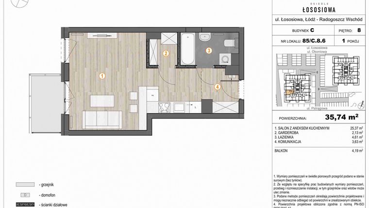 Rzut - Mieszkanie na sprzedaż 1 pokój o powierzchni 35,9 m² - numer 85 w Osiedle Łososiowa