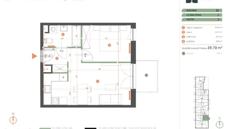 Rzut - Mieszkanie na sprzedaż 2 pokoje o powierzchni 39,7 m² - numer M.03.01 w Casa Feliz Portowa
