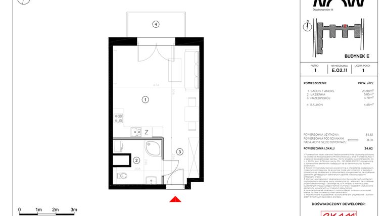 Rzut - Mieszkanie na sprzedaż 1 pokój o powierzchni 34,62 m² - numer E.02.11 w NOW