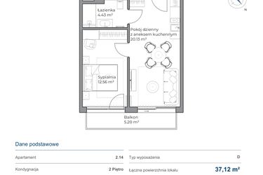 Rzut - Mieszkanie na sprzedaż 2 pokoje o powierzchni 36,97 m² - numer B.2.14 w Anchoria Holiday