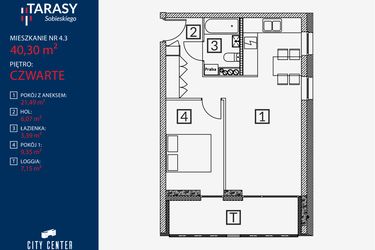 Rzut - Mieszkanie na sprzedaż 2 pokoje o powierzchni 40,3 m² - numer B2.M.4.3 w Tarasy Sobieskiego