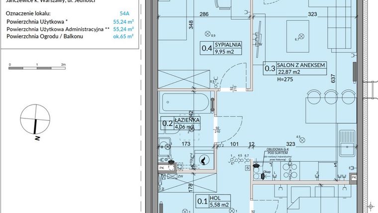 Rzut - Mieszkanie na sprzedaż 3 pokoje o powierzchni 55,24 m² - numer 54A w Osiedle Młodych etap VIII