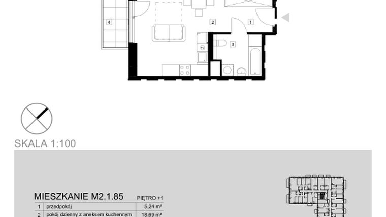 Rzut - Mieszkanie na sprzedaż 1 pokój o powierzchni 29,42 m² - numer M2.1.85 w Modern Helenów
