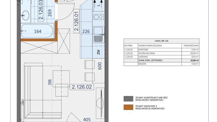 Rzut - Mieszkanie na sprzedaż 1 pokój o powierzchni 25,88 m² - numer 126 w Osiedle Zycha