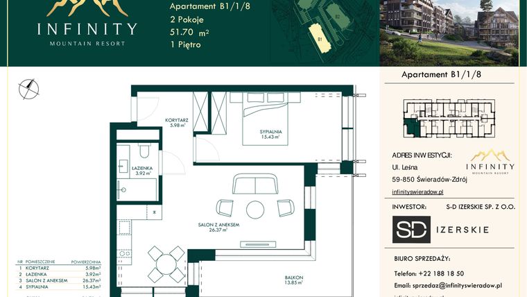 Rzut - Mieszkanie na sprzedaż 2 pokoje o powierzchni 51,7 m² - numer B1/1/8 w Infinity Mountain Resort etap 2