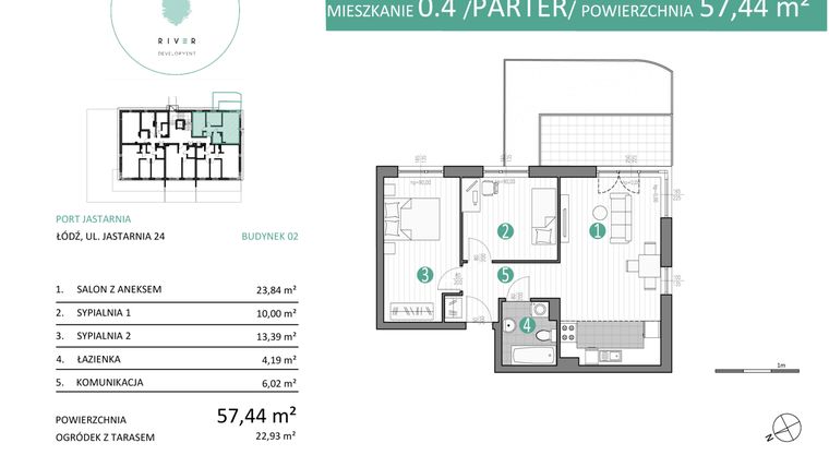 Rzut - Mieszkanie na sprzedaż 3 pokoje o powierzchni 57,44 m² - numer 02.0.4 w Port Jastarnia bud. 02, 03