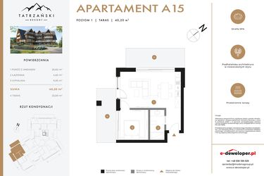 Rzut - Mieszkanie na sprzedaż 2 pokoje o powierzchni 40,2 m² - numer A15 w Tatrzański Resort
