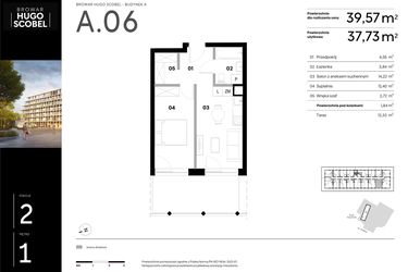 Rzut - Mieszkanie na sprzedaż 2 pokoje o powierzchni 39,57 m² - numer A.06 w Browar HUGO SCOBEL