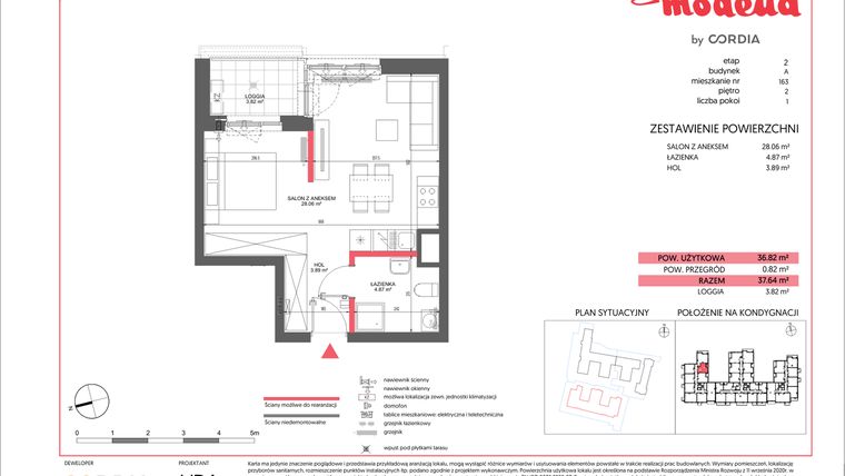 Rzut - Mieszkanie na sprzedaż 1 pokój o powierzchni 36,82 m² - numer A.163 w Modena II
