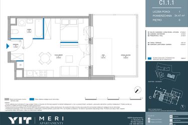 Rzut - Mieszkanie na sprzedaż 1 pokój o powierzchni 34,47 m² - numer C.1.1.1 w Meri Apartamenty