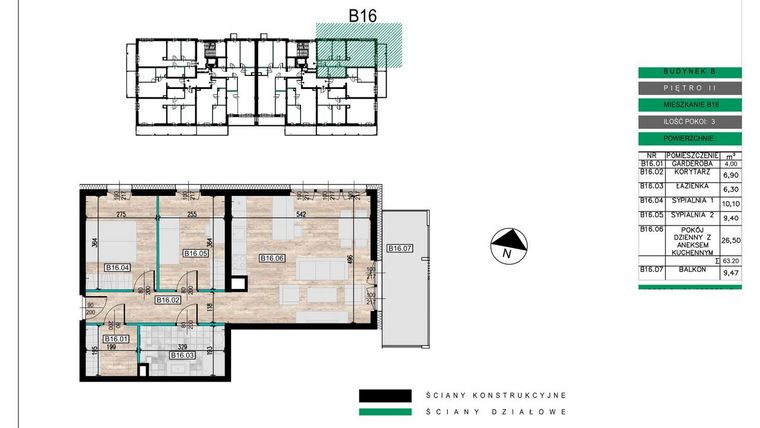 Rzut - Mieszkanie na sprzedaż 3 pokoje o powierzchni 63,2 m² - numer B16 w Lwowska 14