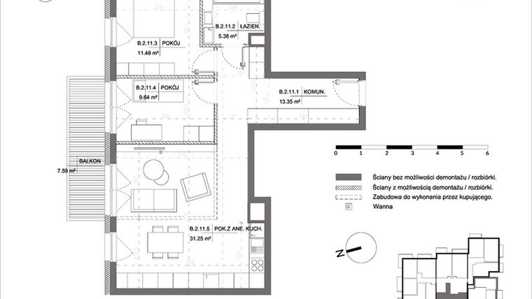 Rzut - Mieszkanie na sprzedaż 3 pokoje o powierzchni 71,01 m² - numer B.2.11 w Polanka 21