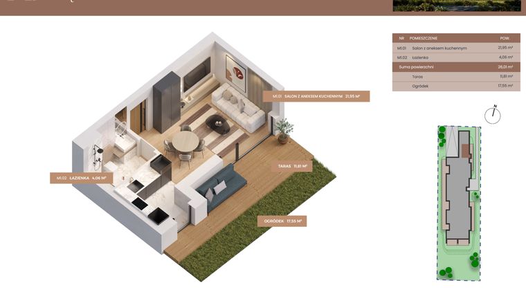 Rzut - Mieszkanie na sprzedaż 1 pokój o powierzchni 26,01 m² - numer 1 w Apartamenty Częstochowska