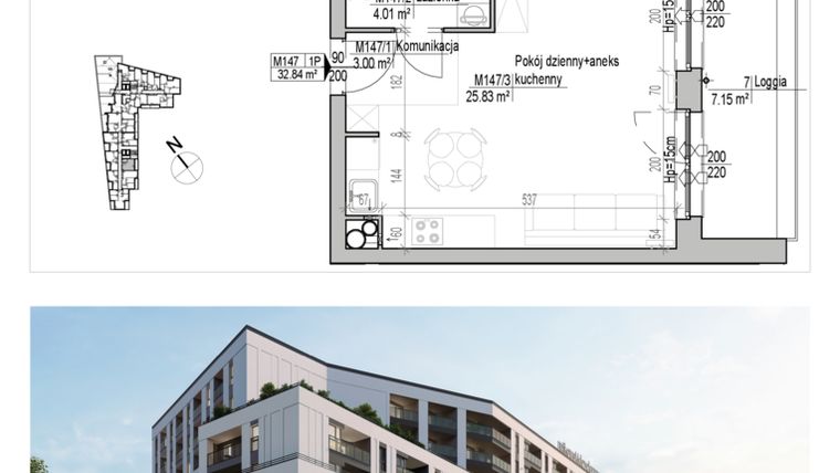 Rzut - Mieszkanie na sprzedaż 1 pokój o powierzchni 32,84 m² - numer 147 w Aleja