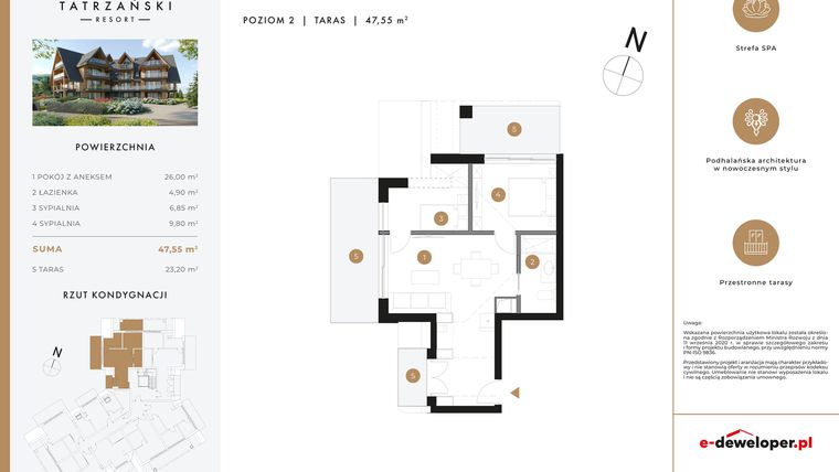 Rzut - Mieszkanie na sprzedaż 3 pokoje o powierzchni 47,55 m² - numer A17 w Tatrzański Resort