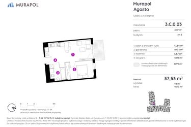 Rzut - Mieszkanie na sprzedaż 1 pokój o powierzchni 37,53 m² - numer 3.C.0.03 w Murapol Agosto
