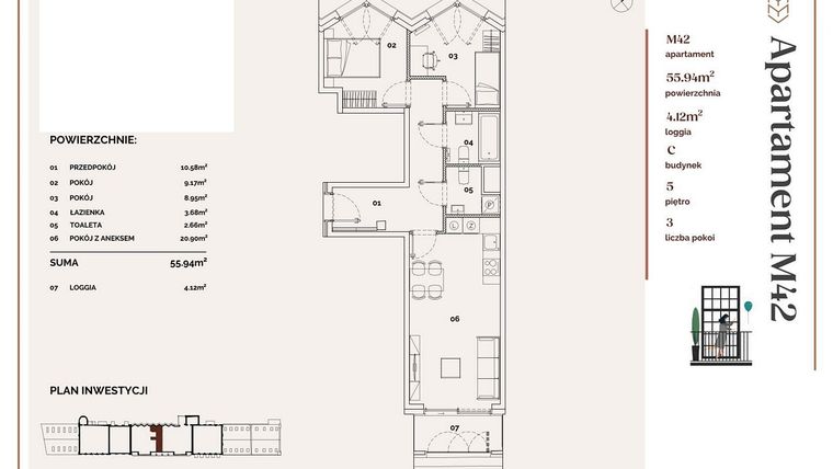 Rzut - Mieszkanie na sprzedaż 3 pokoje o powierzchni 55,94 m² - numer C.42 w Młyny Mogilska