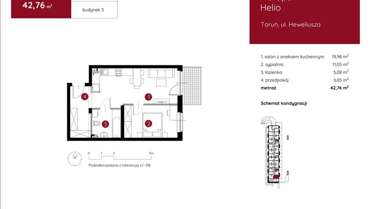 Rzut - Mieszkanie na sprzedaż 2 pokoje o powierzchni 42,91 m² - numer 3.A.0.02 w Murapol Helio