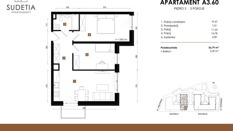 Rzut - Mieszkanie na sprzedaż 3 pokoje o powierzchni 56,79 m² - numer A 3.60 w Apartamenty Sudetia