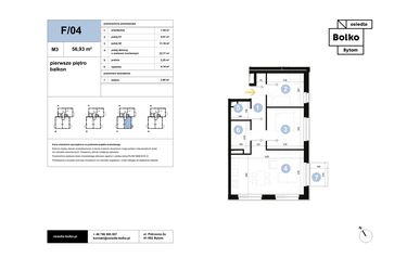 Rzut - Mieszkanie na sprzedaż 3 pokoje o powierzchni 56,93 m² - numer F/04 w Osiedle Bolko etap II