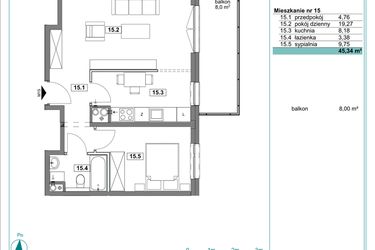 Rzut - Mieszkanie na sprzedaż 2 pokoje o powierzchni 45,62 m² - numer D.15 w Osiedle Kościuszki etap II