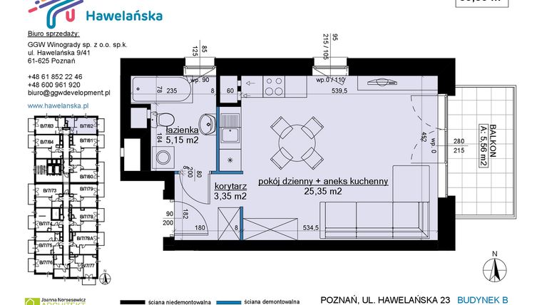Rzut - Mieszkanie na sprzedaż 1 pokój o powierzchni 33,85 m² - numer B/7/82 w Osiedle Hawelańska etap III - bud. B