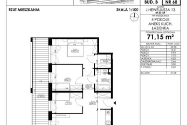 Rzut - Mieszkanie na sprzedaż 4 pokoje o powierzchni 71,15 m² - numer JAR-II-B-LM-M68 w Osiedle JAR Heweliusza etap II