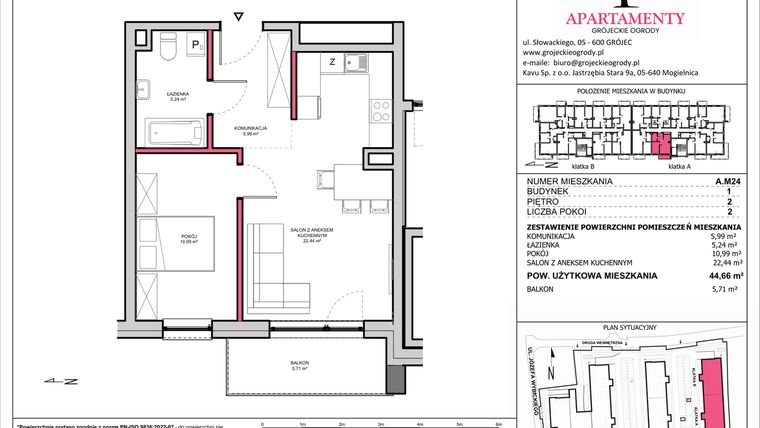 Rzut - Mieszkanie na sprzedaż 2 pokoje o powierzchni 44,66 m² - numer A.24 w Apartamenty Grójeckie Ogrody