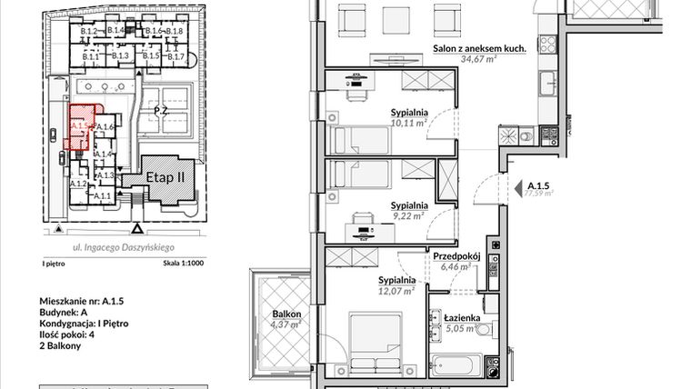 Rzut - Mieszkanie na sprzedaż 4 pokoje o powierzchni 77,59 m² - numer A.1.5 w Nowa Fregata