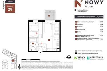 Rzut - Mieszkanie na sprzedaż 2 pokoje o powierzchni 43 m² - numer A29 w Nowy Reden