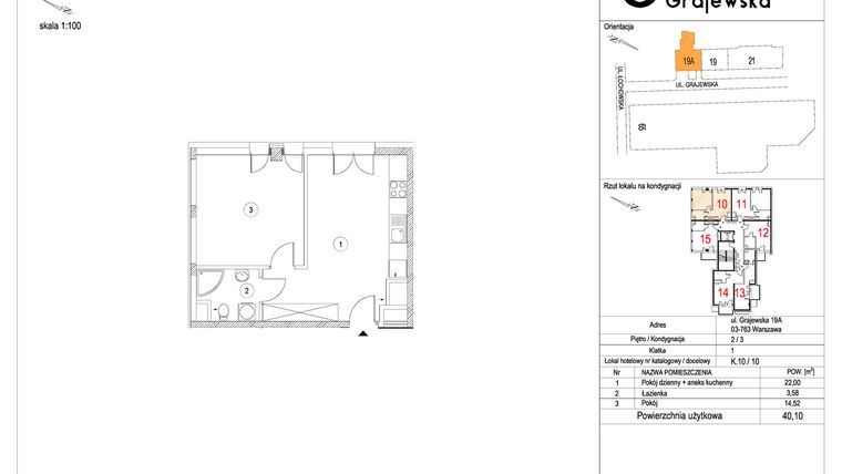 Rzut - Mieszkanie na sprzedaż 2 pokoje o powierzchni 40,13 m² - numer M-10 w Apartamenty Grajewska