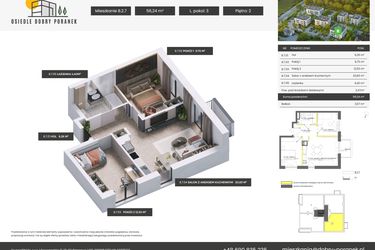 Rzut - Mieszkanie na sprzedaż 3 pokoje o powierzchni 56,24 m² - numer B.2.7 w Dobry Poranek