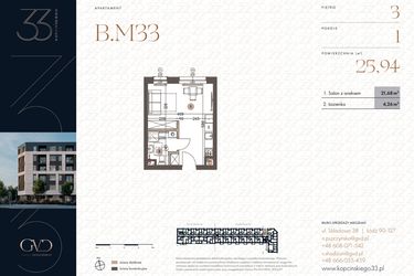 Rzut - Mieszkanie na sprzedaż 1 pokój o powierzchni 25,94 m² - numer B.M33 w Kopcińskiego 33