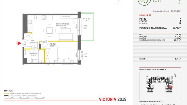 Rzut - Mieszkanie na sprzedaż 2 pokoje o powierzchni 38,78 m² - numer B.72 w Olchowy Park II