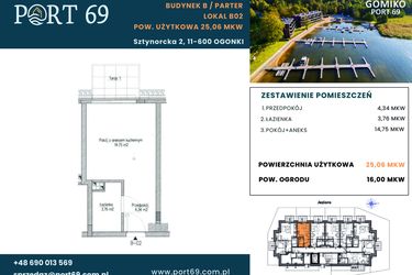 Rzut - Mieszkanie na sprzedaż 1 pokój o powierzchni 25,06 m² - numer B-02 w Port 69